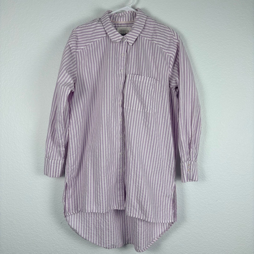 Anthropologie Striped High Low Tunic Button Down Shirt Purple White Medium Prep